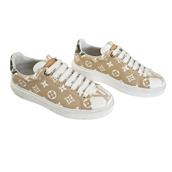 Louis Vuitton Time Out Sneaker Size 38.5 US 8.5 Beige Green LV Monogram Platform - Picture 1 of 11
